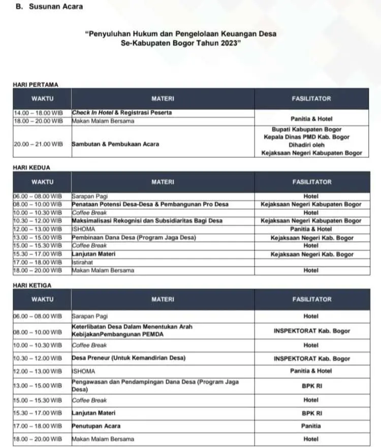 Ini Rundown Acara Bimtek Kepala Desa Se-Kabupaten Bogor Harga 10 Juta