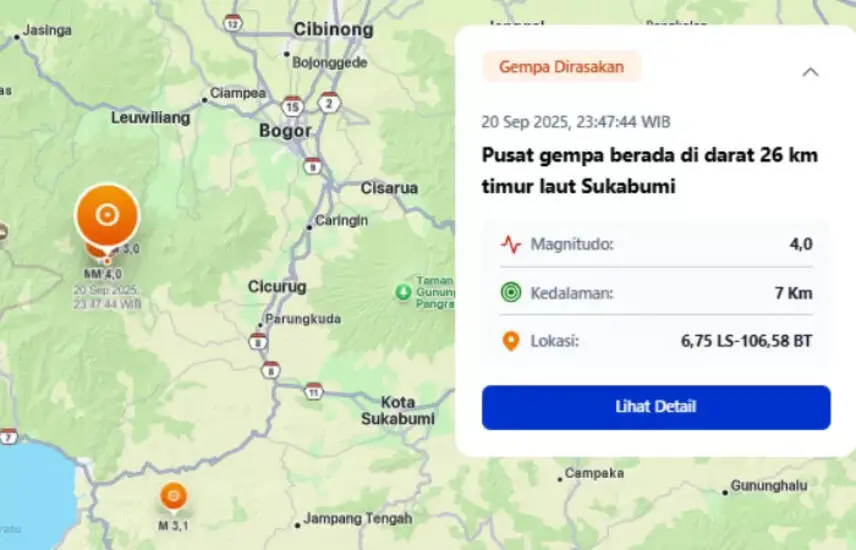 Gempa Susulan Guncang Bogor dan Sukabumi, BMKG Catat 31 Kali dalam 12 Jam