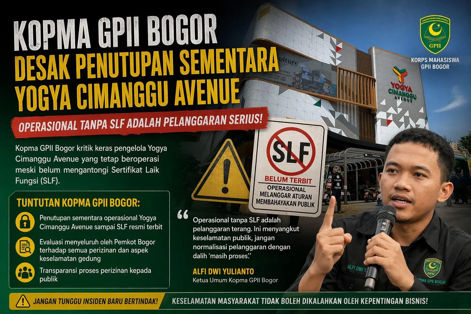 Kopma GPII Bogor Desak Penutupan Yogya Cimanggu Avenue Tanpa SLF
